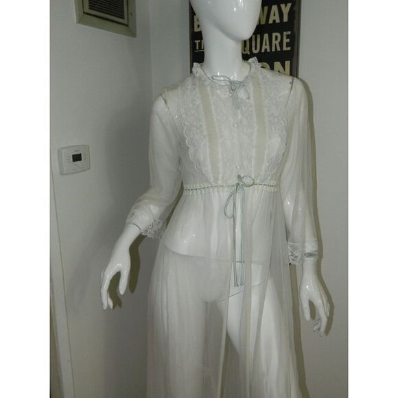 Miss Elaine Other - Miss Elaine Robe White Sheer‎ Blue Drawstring  Lace  Neck Ruffle Peignoir Small